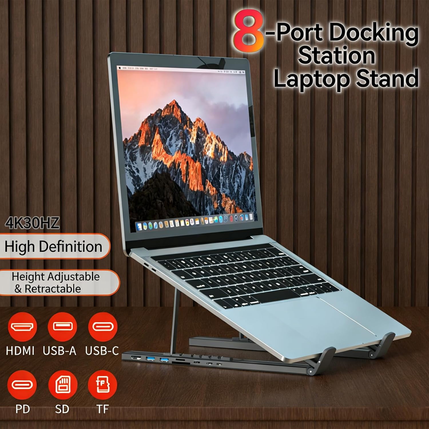 Docking Station Laptop Stand with 4K , 8 in 1 USB C Laptop Docking Station Stand, Portable Adjustable Computer Holder with USB 3.0, PD 100w, Multiport Adapter for Notebook Tablet (1Pcs)