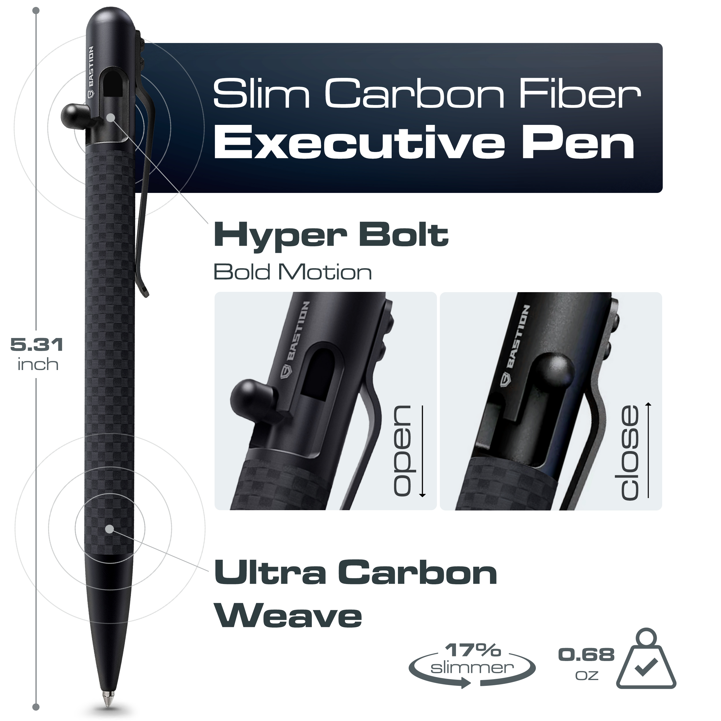 Bastion Carbon Fiber Slim Bolt Action Pen, Black, Ballpoint Refillable, 1 Count