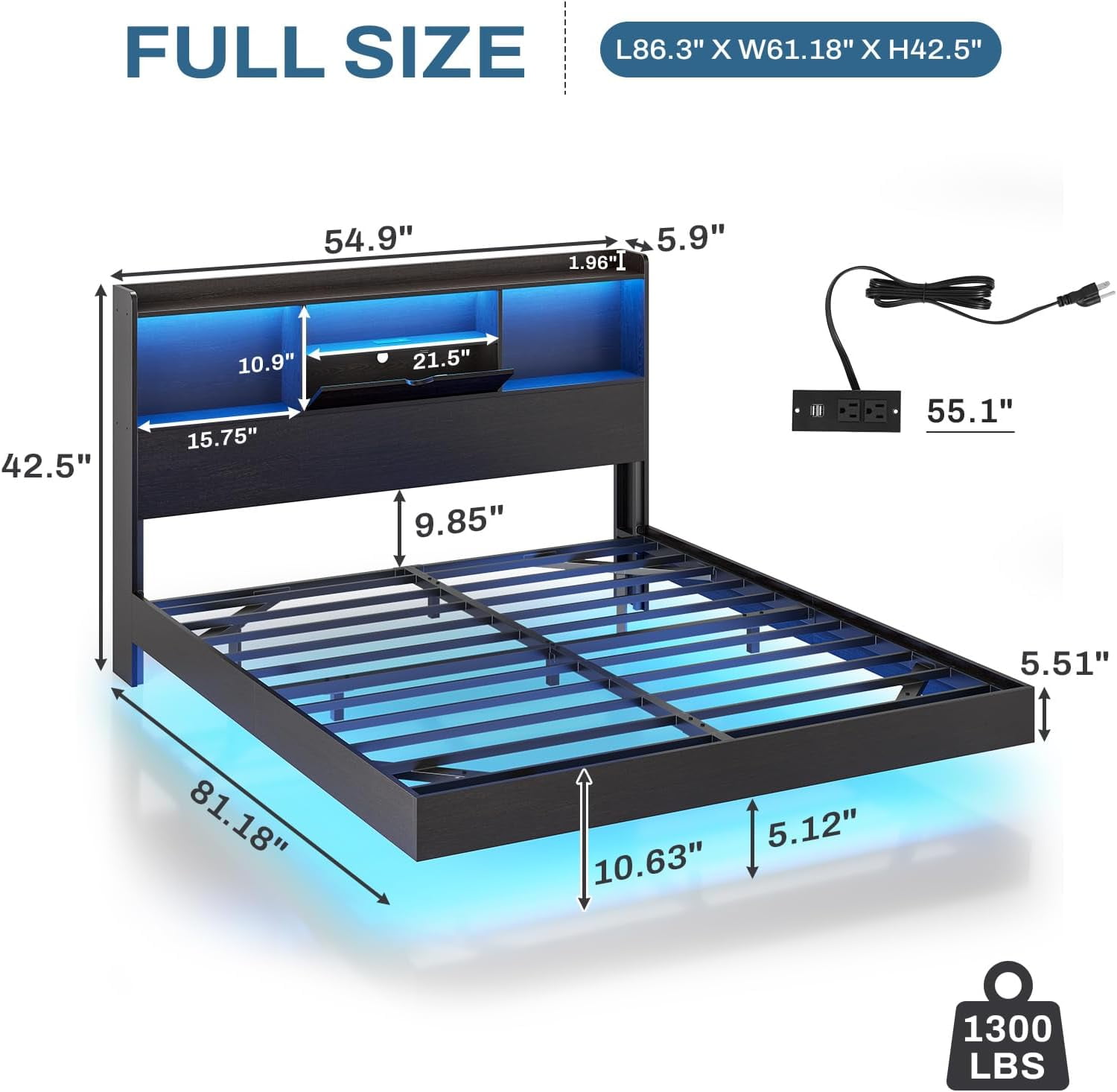 Aunfebrco Floating Bed Frame Full Size with Storage Headboard & LED Lights & Charging Station, Full Metal Platform Bed Frame for Bedroom, Visual Floating Bed, No Box Spring Need, Black