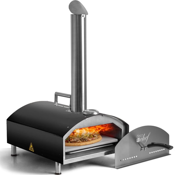 Deco Chef Outdoor Pizza Oven with 2-in-1 Pizza and Grill Oven Functionality, 13" Pizza Stone, Portable 3-Layer Stainless Steel Construction, Pizza Peel, Dough Scraper, Scoop, Slotted Grill (Black)