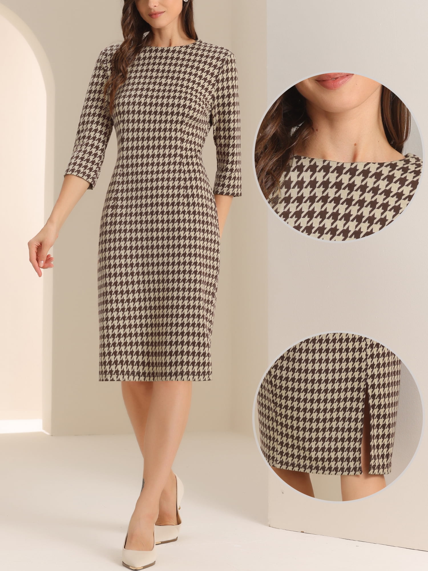DARING DIVA Vintage Houndstooth 3/4 Sleeve Bodycon Dress S Brown