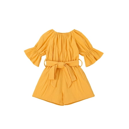 

MERSARIPHY Kids Jumpsuit Solid Color Boat Neck Short Sleeve Romper Waist Belt for Girls