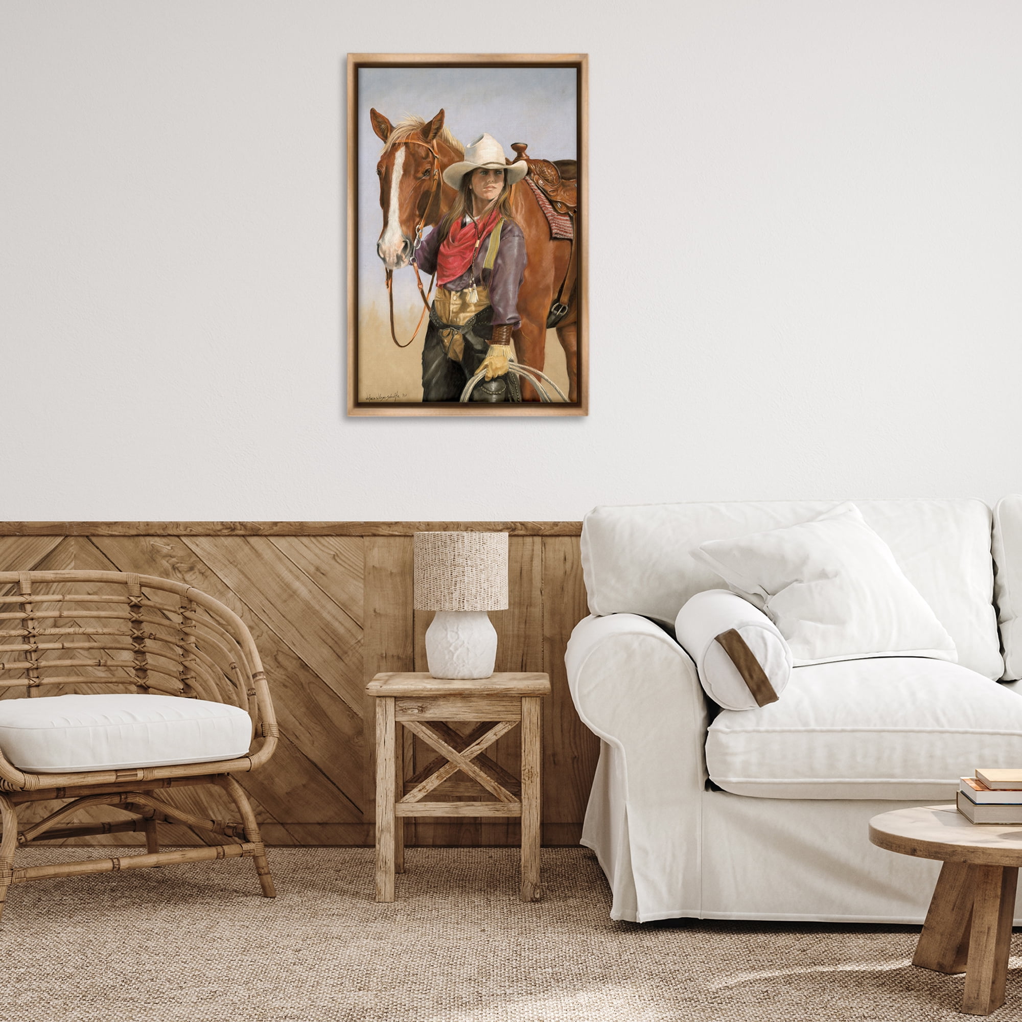 Stupell Industries Powerful Female Cowgirl Animals & Insects Painting Brown Floater Framed Canvas Art Print Wall Art, 21 x 31
