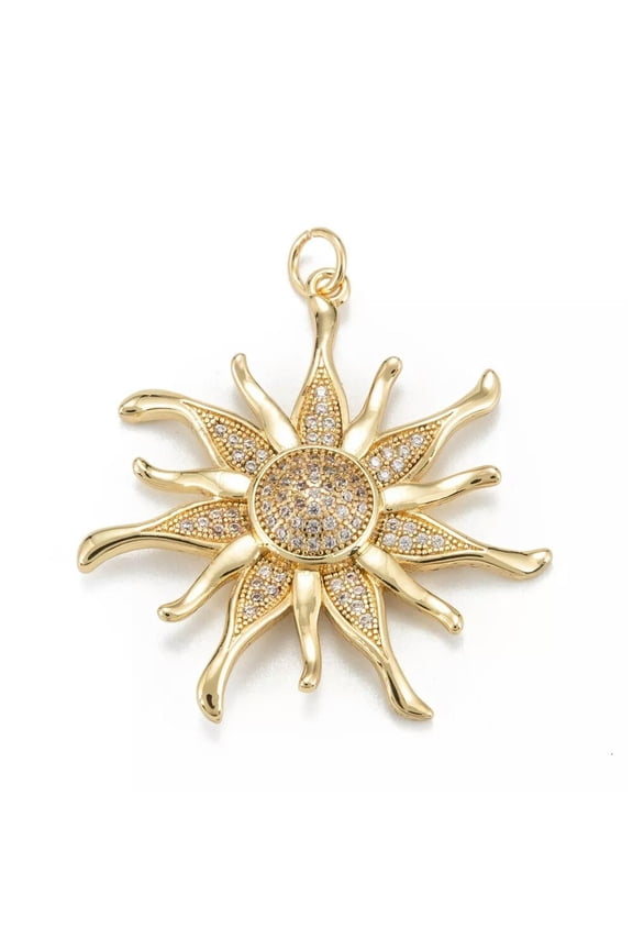5Pcs Brass Sun Charm Brass Clear Cubic Zirconia Pendants Gold Plated 33x32x5mm