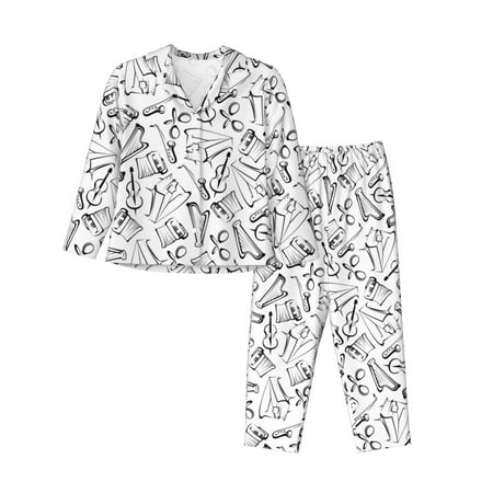 2 Piece Womens Pajama Sets - black white music Soft Sleepwear Comfy Pajamas Ladies Pj Lounge Sets with Pockets  Long Sleeve Button Shirt and Pajama Pants Pjs Sets for Women