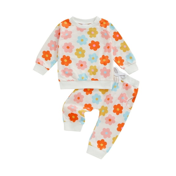 Toddler Baby Girl Fall Outfits 0 6 12 18 24 Months 2T 3T Flower Print Crew Neck Long Sleeve Sweatshirts and Long Pants 2Pcs Clothes Set