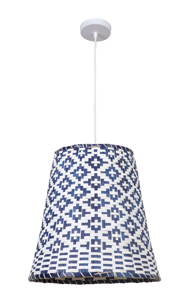 blue and white woven shade
