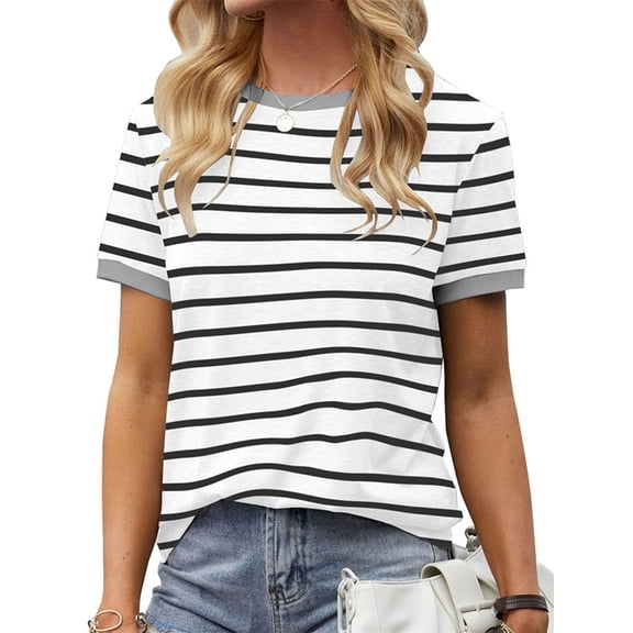 Langwyqu Summer Short Sleeve Stripe T Shirt Women Casual Round Neck Tops