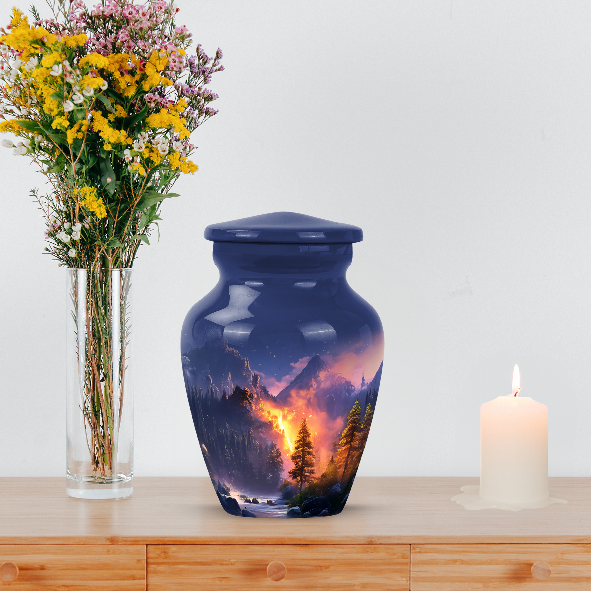 MUKTIVE Waterfall Keepsake Cremation Urns for Adult Ashes for Women, Mini Blue Mountain Burial Urn for Ashes for Women, Unique Urn, Tiny Fiery Forest Memorial Funeral Gift for Mom & Dad 3 Inch