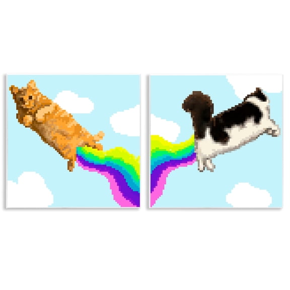 Stupell Industries Pixel Cats with Rainbows Animals Painting Unframed Art Print Wall Art, 12 x 12, Set of 2