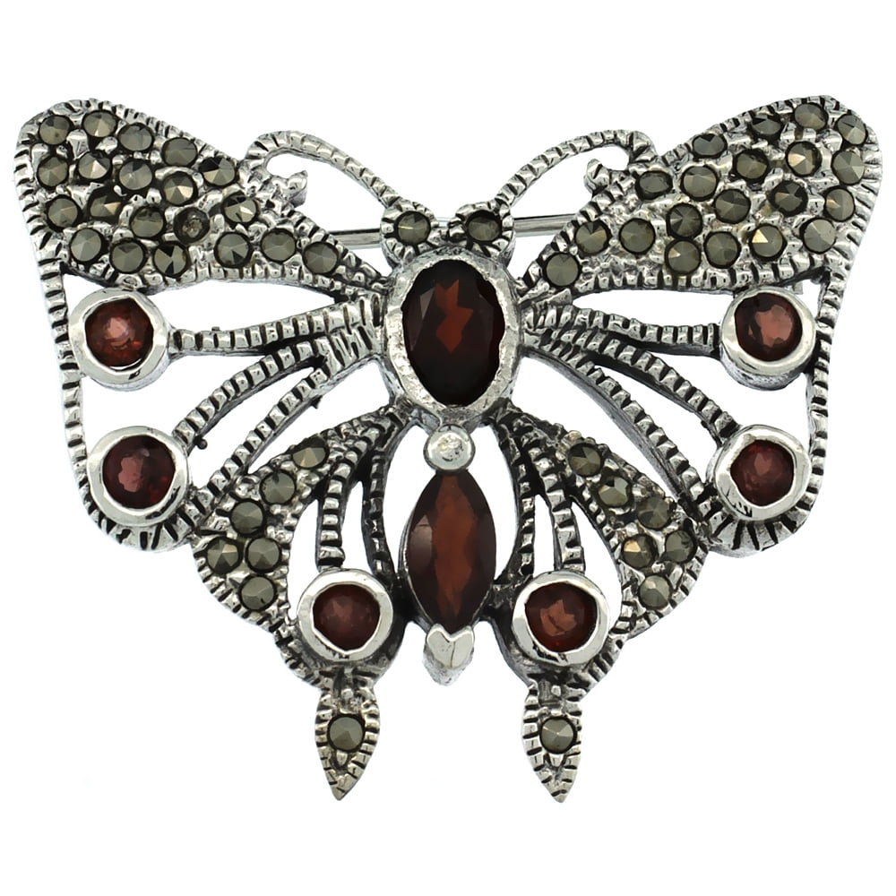Sterling Silver Marcasite Butterfly Brooch Pin w Round, Oval & Marquise Cut Garnet Stones, 1 1 4 inch (32 mm) tall by WorldJewels