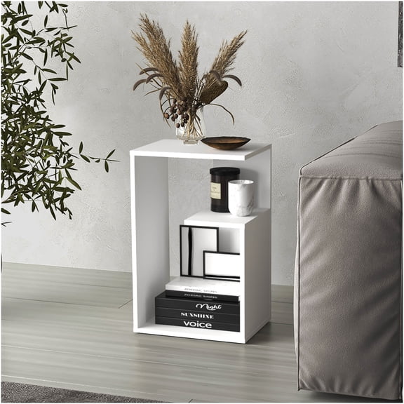 25 Inch White Modern End Table with 3 Shelves, Narrow Sofa Table for Small Spaces, Sturdy MDF Side Table for Living Room Bedroom
