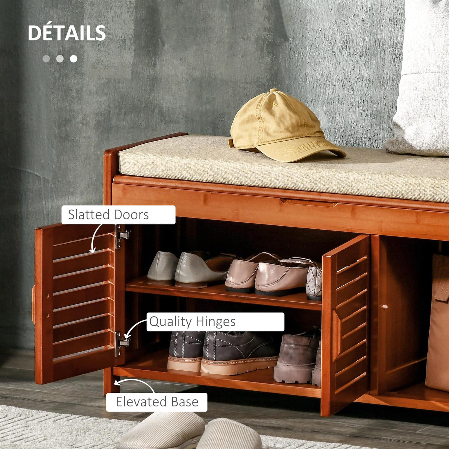 Demi Bonn 35" Bamboo Material Shoe Storage Bench with 3 Doors & Hidden Compartment, Seating Cushion, Entryway Seating, Shoe Organizer for Hallway, Brown