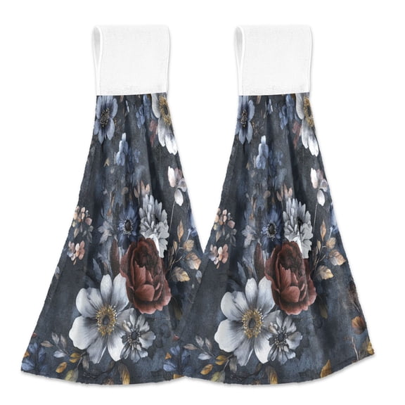 2pcs Kitchen Hanging Towels Bathroom Hanging Towels Velcro Soft Hand Towel Absorbent Tie Towels for Kitchen Toilet Tea Bar Washcloth Decor Blue Peonies