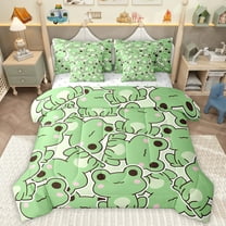 Homewish Kawaii Frogs 7-Piece Twin Bedding Sets For Preppy Children,Cartoon Animal Bedding Comforter Set,Green Pink Breathable Sheet Sets,Microfiber Bedroom Decor,Reversible