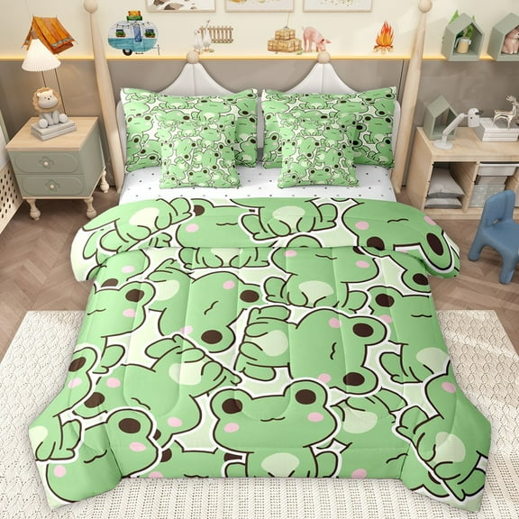 Homewish Kawaii Frogs 7-Piece Twin Bedding Sets For Preppy Children,Cartoon Animal Bedding Comforter Set,Green Pink Breathable Sheet Sets,Microfiber Bedroom Decor,Reversible
