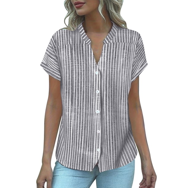 Camisa de Manga Corta con Cuello en V para las Mujeres, Blusa de Verano Elegante Y de Moda en Poliéster Suave Ligero