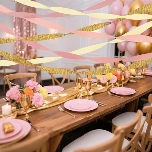 8 Rolls Pink Gold Crepe Paper Streamers for Wedding, Birthday, Bachelorette, Bridal Shower and Baby Shower Party Decorations