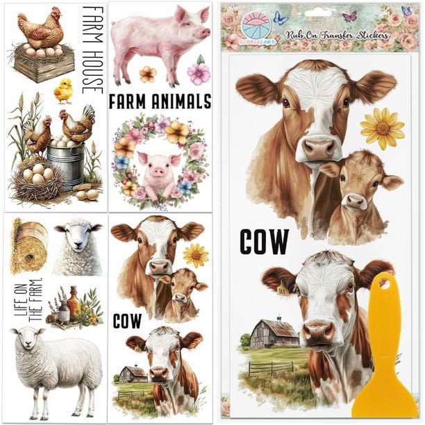 4 láminas de calcomanías de animales de granja para muebles (30 x 15 cm): pollo, oveja, cerdo y vaca. Adhesivo UV autoadhesivo para decoración de paredes y manualidades.