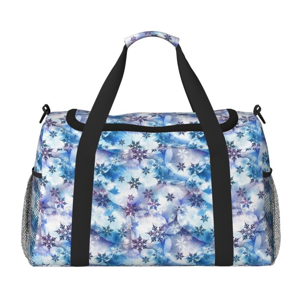 Balery Icy Blue Snowflakes Bolsa de Gimnasio para Mujeres, Bolsa de Viaje con Bolsillo Húmedo, Bolsa de Fin de Semana para Mujeres, Bolsa de Viaje Resistente al Agua