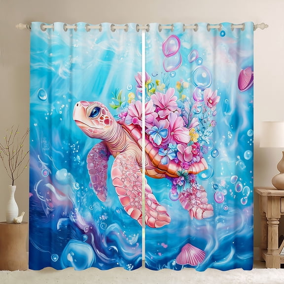 Homewish Pink Sea Turtle Black Out Curtains for Kid, Dreamy Groovy Flower Curtains Pack of 2 (42x63 Each), Blue Ocean Theme Bedroom Curtains, Living Room Curtains Decor