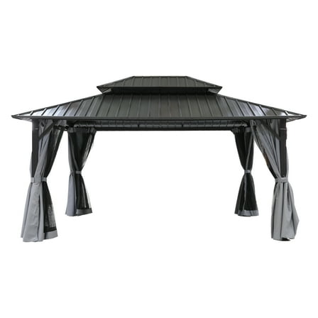 10'x12' Hardtop Gazebo with Double Roof & Mosquito Netting, Blue-Grey All-Weather Outdoor Shelter - Patio Canopy with 3 Mode Ventilation