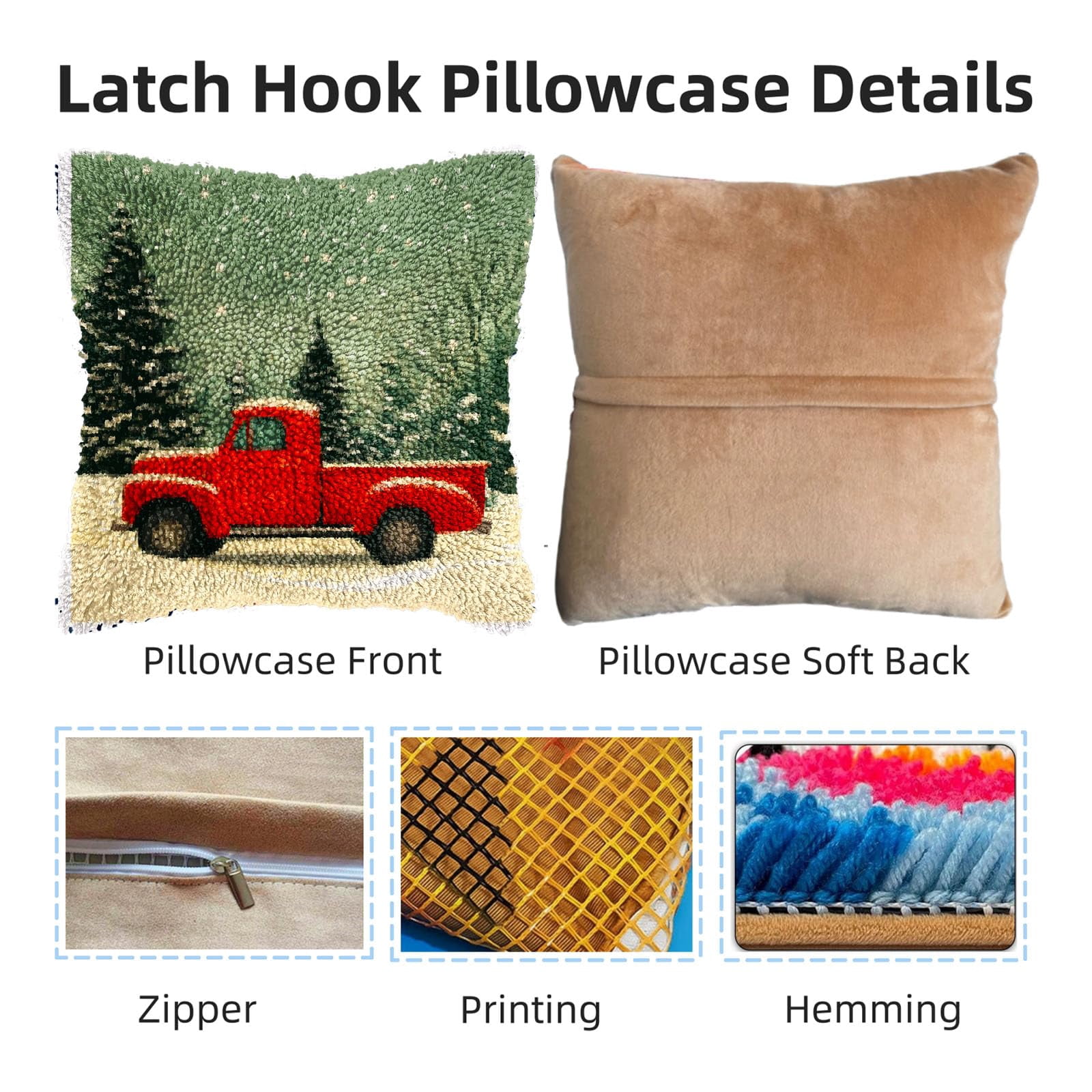 Latch Hook Pillow Kits for Adults Merry Christmas Red Truck DIY Pillow Cover Printed Pillowcase Crochet Yarns Hooking Handmade Cushion for Home Sofa Decor 17x17inch(3)