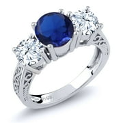 Gem Stone King 3.17 Cttw Blue Created Sapphire 3-Stone Engagement Ring for Women | 925 Sterling Silver | Three Stone Wedding Engagement Anniversary Promise Ring | Available in Size 5, 6, 7, 8, 9