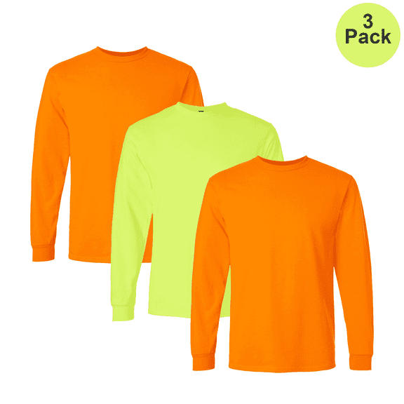 Gildan Hi-Vis Ultra Cotton Long Sleeve T-Shirt, Men's Safety Green and Orange Workwear, 3-Pack, 2XL