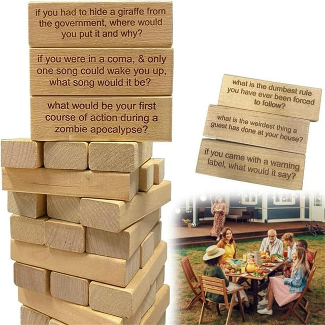 HUASHENG Ice Brea Ker Questions Tumbling Tower Game (54Pcs) Wooden Block S Stacking Tumbling Tower 54 Wooden Stacking Tower Family Party Game With Ice Break Er Questions