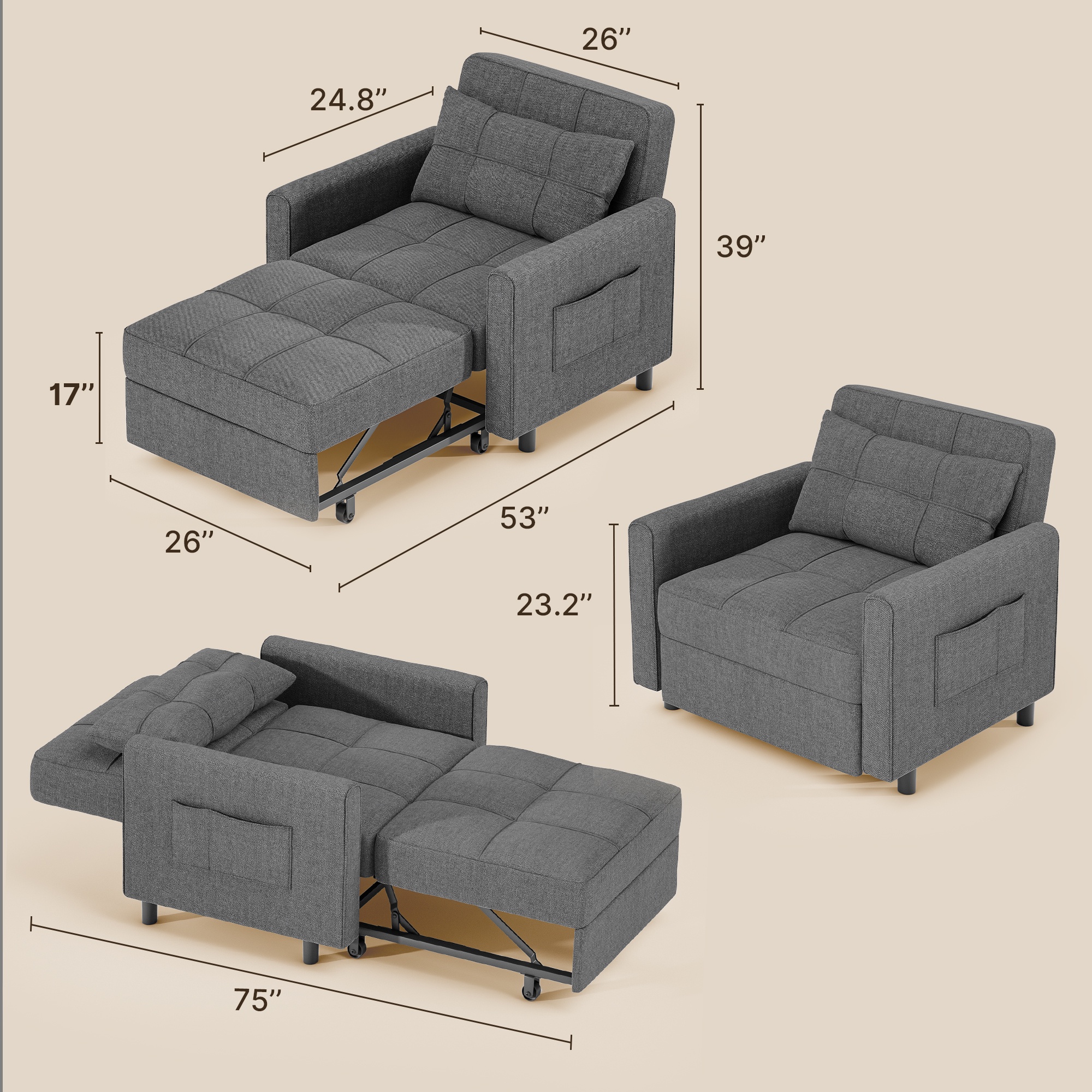 Sofa Bed Chair Convertible, Sleeper Chair with Pull-Out Bed, 3-in-1 Futon Couch with Reclining Backrest and Side Pocket, Dark Grey