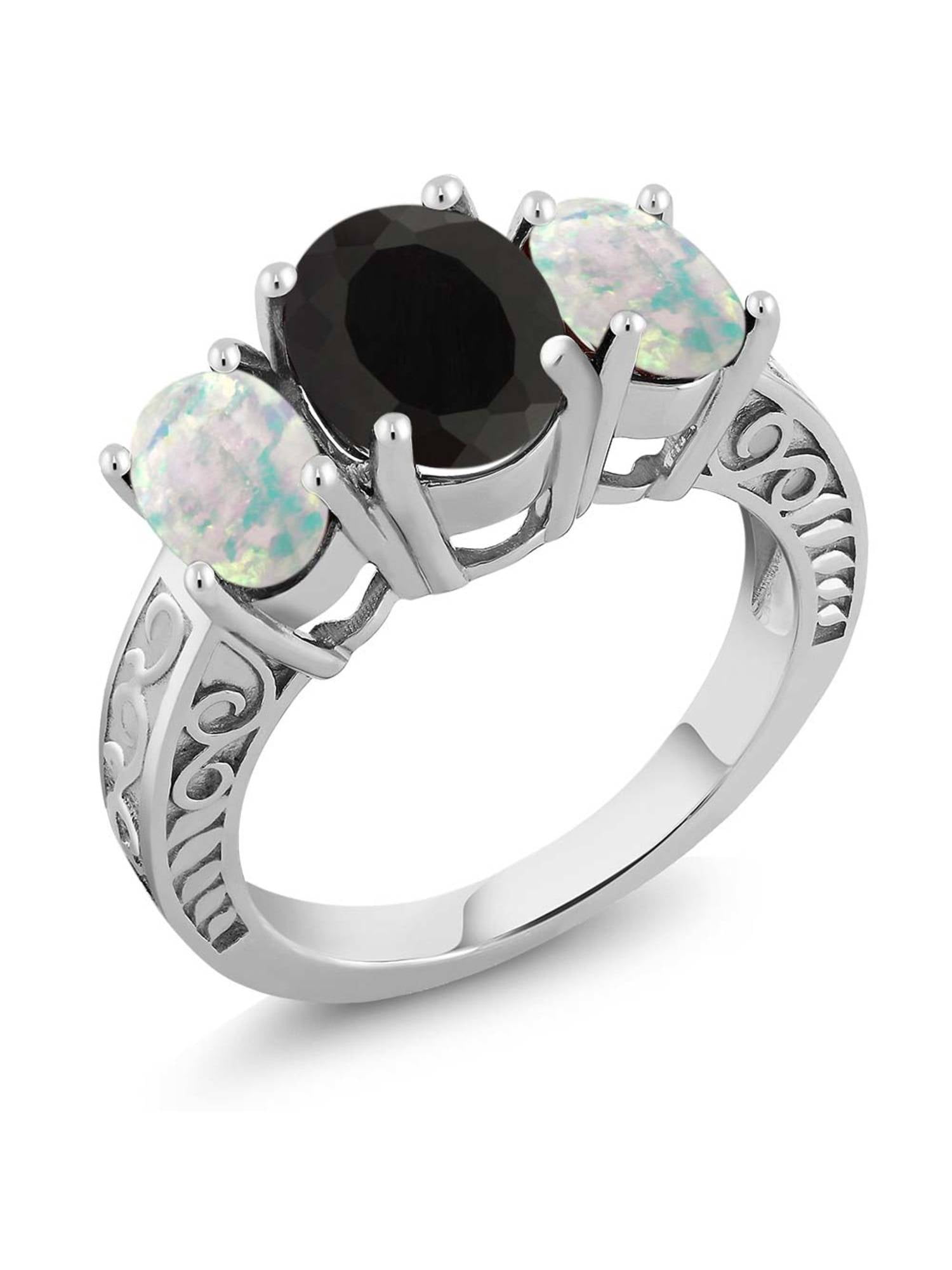 3.26 Ct Oval Black Onyx and White Simulated Opal 925 Sterling Silver Ring by