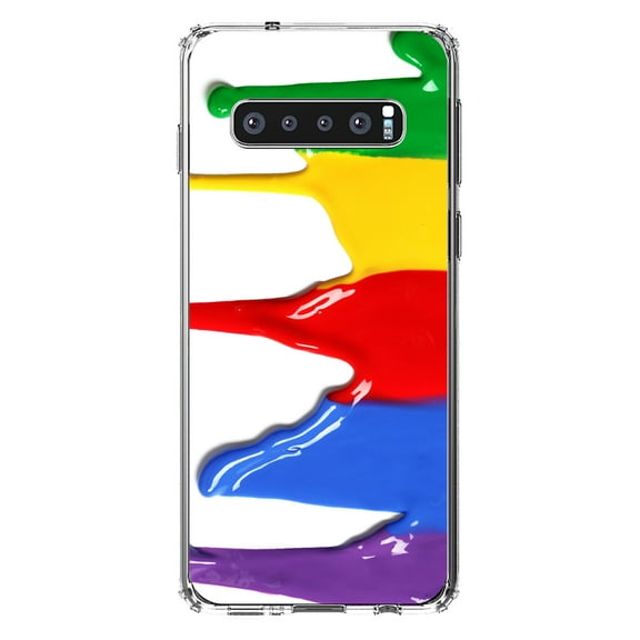 DistinctInk Clear Shockproof Hybrid Case for Samsung Galaxy S10 (6.1" Screen) - TPU Bumper, Acrylic Back, Tempered Glass Screen Protector - Rainbow Paint Dripping - Rainbow Art Supplies