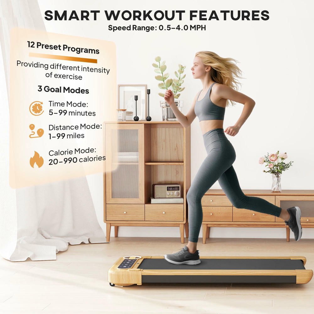 Resenkos Under Desk Treadmill with Wide Running Belt, Bluetooth Speaker & Wheels - Natural Wood