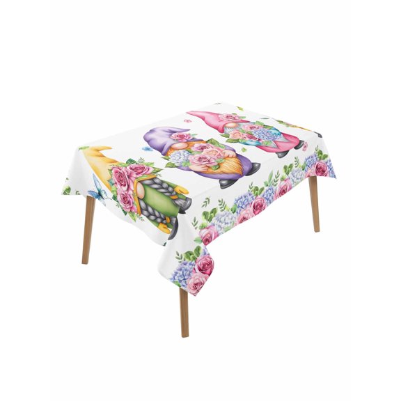 Spring Gnomes Table Cloth, Waterproof Tablecloth for Rectangle Tables, Botanical Rose Flower Leaves Butterfly Reusable Washable Fabric Table Cover for Restaurant Kitchen Dining Tables 52"x70"