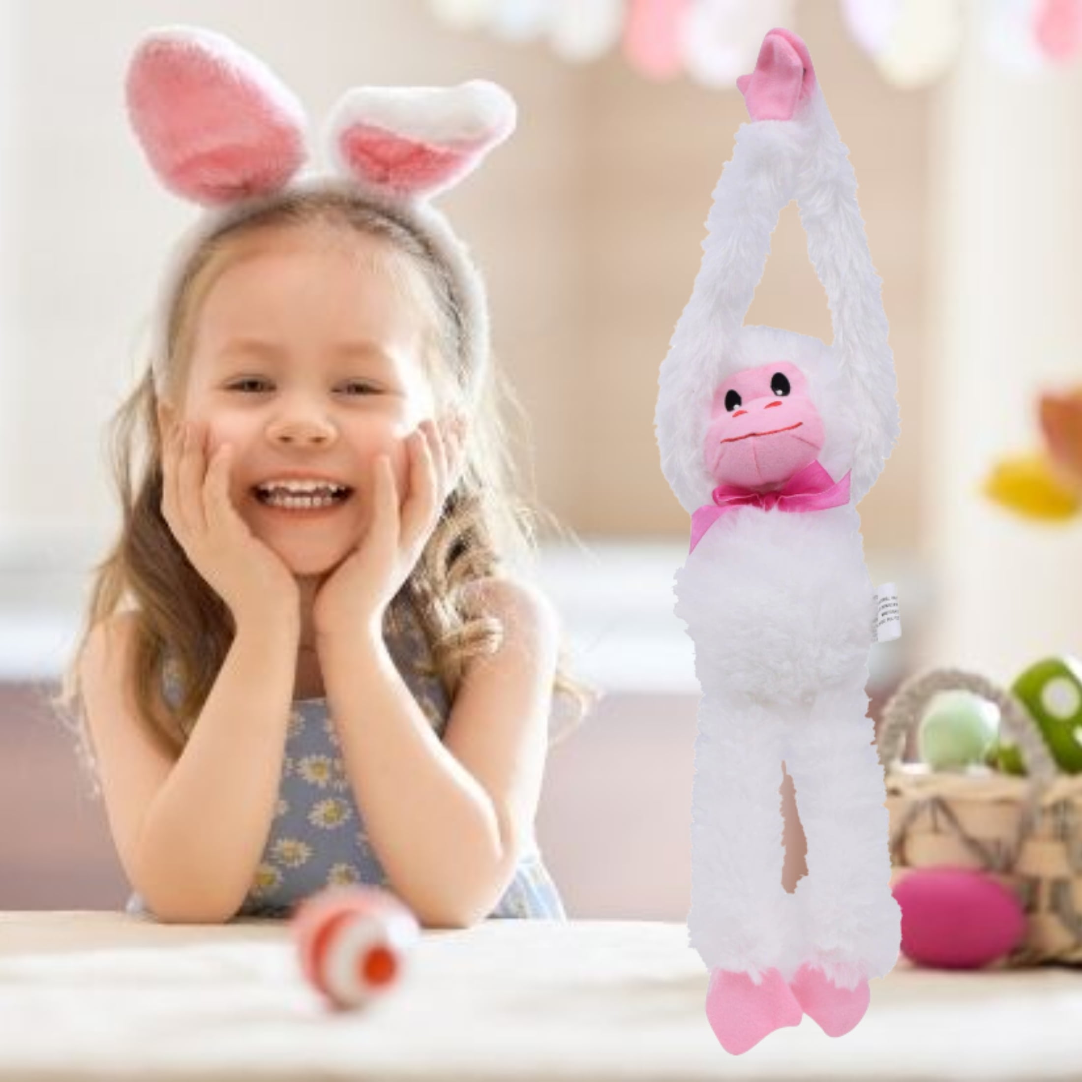 (6) Happy Easter Plush Hanging Monkey 13.5 inches Animal Soft Plush Toy for Kids Girls Boys Spring Birthday Party Favor & Gift Basket Home Living Room Car Decor (White) & CUSTOM Storage Carrier
