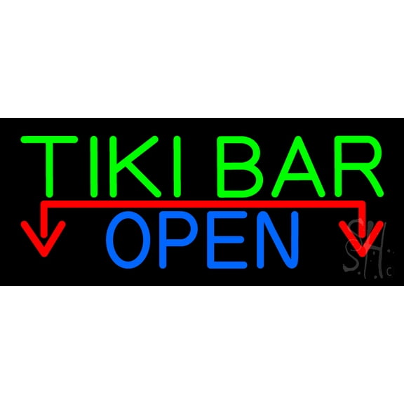 Tiki Bar Open With Arrow LED Neon Sign 10 x 24 - inches, Clear Edge Cut Acrylic Backing, with Dimmer - Bright and Premium built indoor LED Neon Sign for Bar decor.