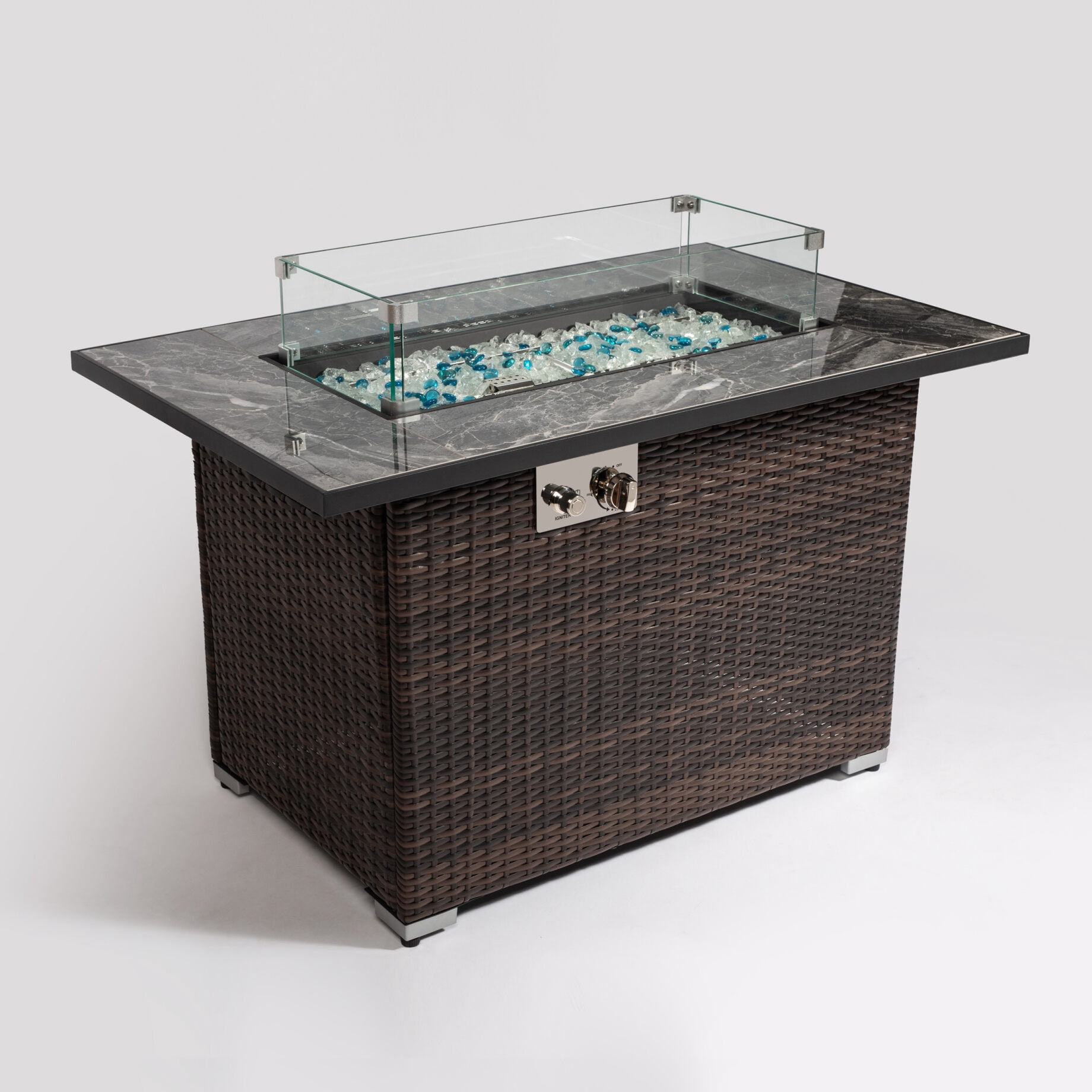 44inch Outdoor Fire Pit Table, Propane Fire Table with Ceramic Tabletop and Rain Cover, Rectangular Rattan Gas Fire Table for Outdoor Parties, Family Fun, Patio Decor