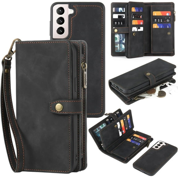for Samsung Galaxy S21 5G Wallet Case, Detachable PU Leather Magnetic Flip Phone Case Wallet with Card Holder Wrist Strap Zipper Wallet for Women/Men, S21 5G Phone Case 6.2inch(Blcak)
