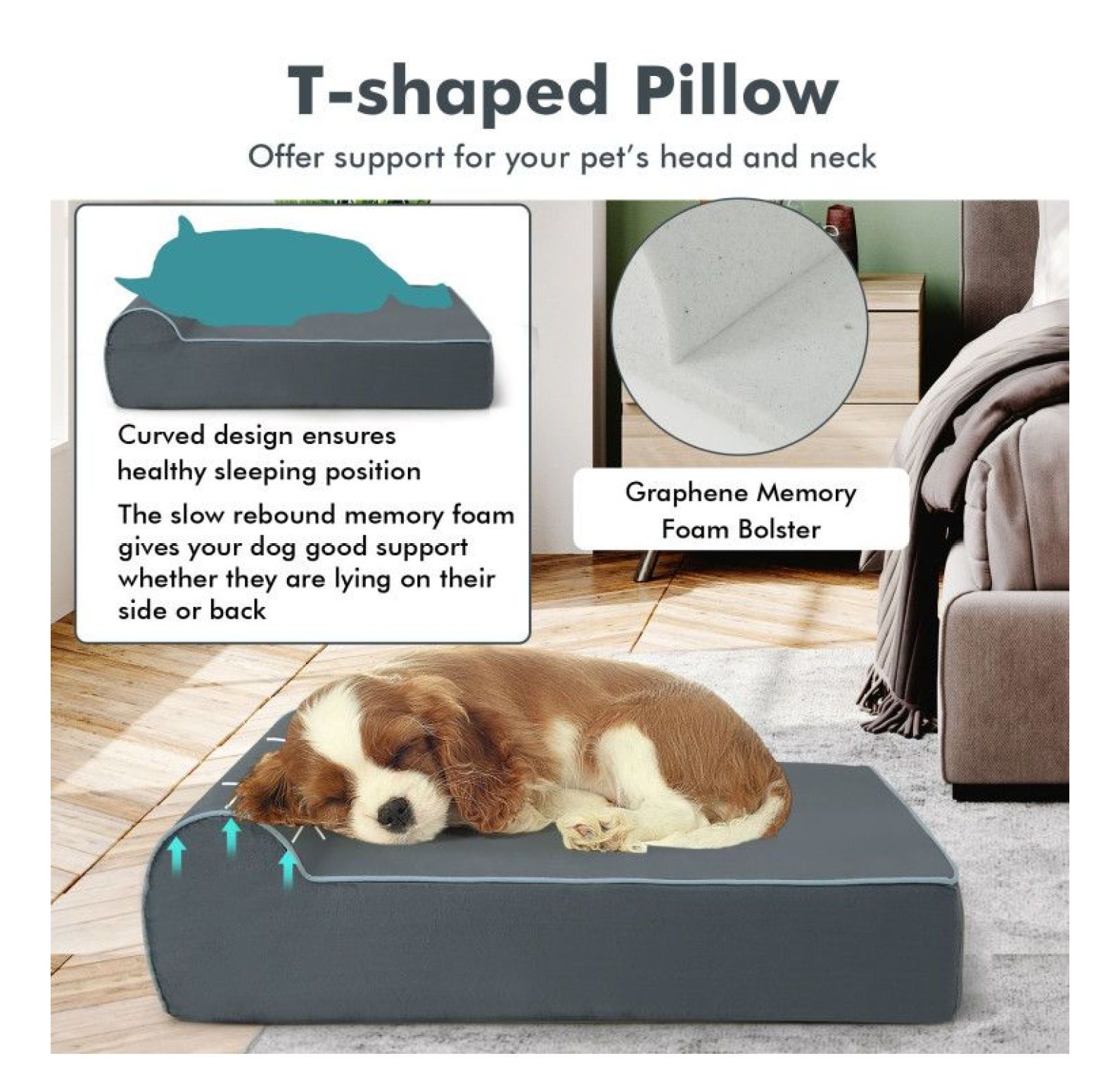 Orthopedic Dog Bed with Headrest - Graphene Memory Foam Large Dog Bed - Removable Washable Cover - Bolster Pillow for Joint Pain Relief & Support