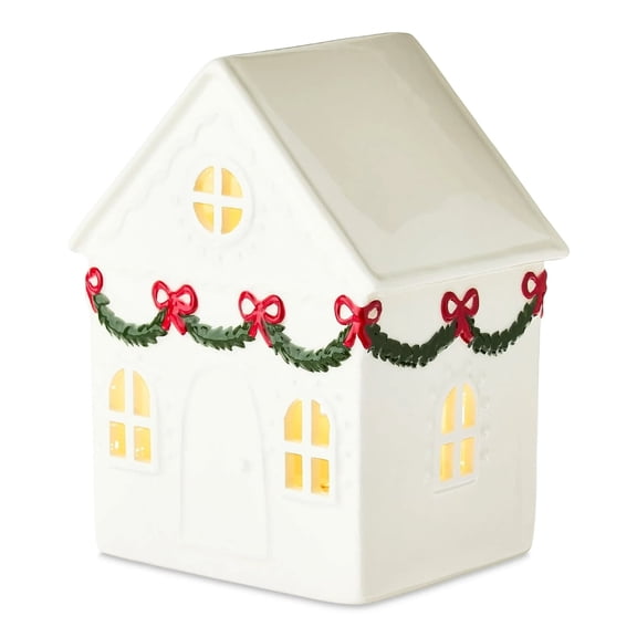 Coollooc Resin Christmas Village Houses, Small Warm Led Light White Christmas Houses, Light Up Village House Set for DIY, Winter Holiday Home Decor, Tabletop Centerpiece(B)