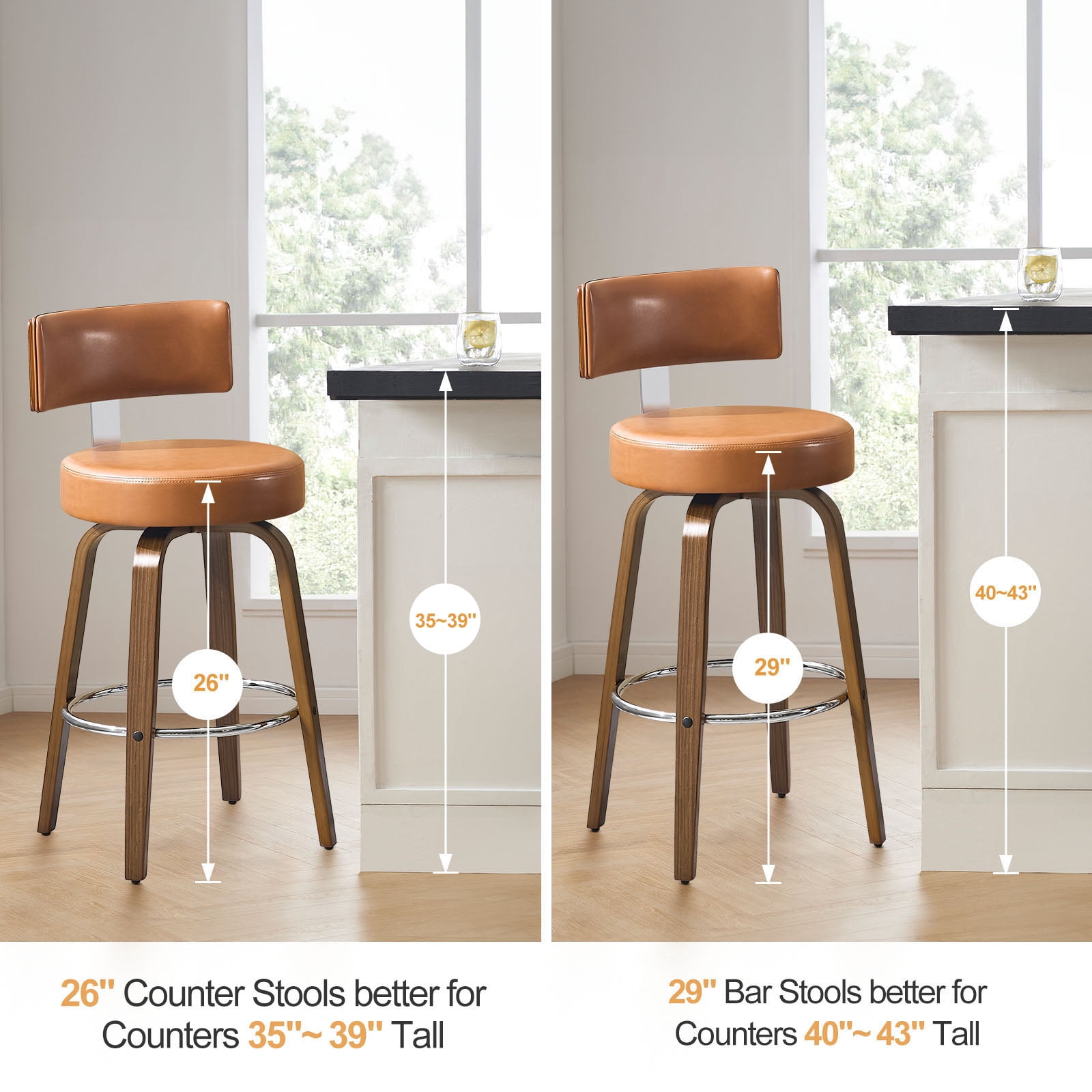 WOOW DEPOT PU Swivel Bar Stools Set of 2, 26" Seat Height Modern Upholstered Bar Chairs w/ Mid-back Round Seat Walnut Legs Leather Island Stools for Kitchen Counter