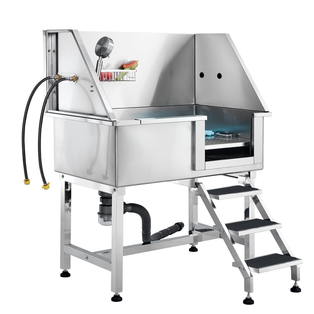 KFFKFF 38" Canine Hygiene Facility w/ Incline, Expert Grade Stainless Steel Canine Care Basin w/ Storage Compartment, Ground Grid, Tap, Canine Bath for Large, Medium, Small Companions, Cleaning Basin