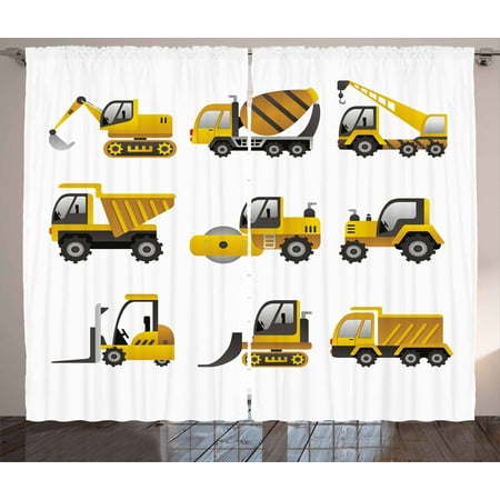 Construction Curtains 2 Panels Set Big Vehicles Icon Collection