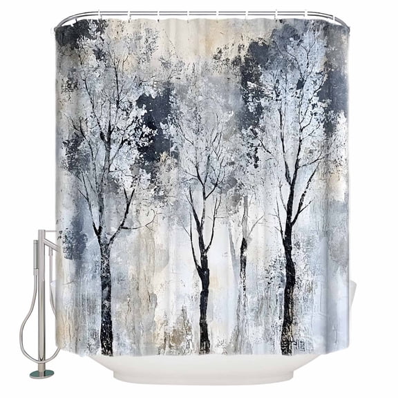 Small Stall Shower Curtain 48x72 Inch Narrow Half Size Grey Forest Bath Curtains Bathroom Decor Abstract Vintage Oil Painting Trees Waterproof Fabric Shower Curtain Set with Hooks 48 Inch