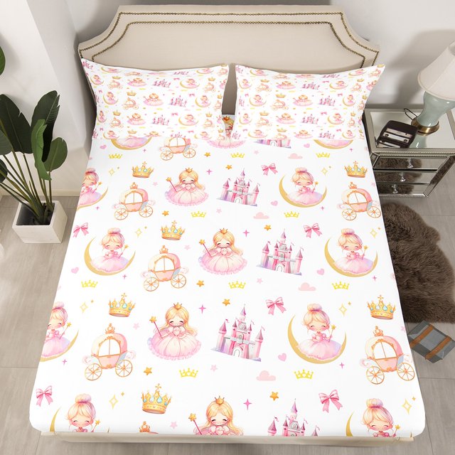 Erosebridal Drap-Housse Ajusté de Princesse de Rêve Ensemble Jumeau, Literie Château Mignonne Format Jumeau, Déco Couronne Dorée 2 Pcs (Sans Drap du Dessus)