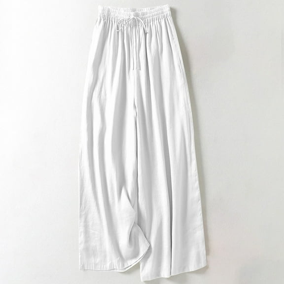 DPTALR George Women's Linen Summer Palazzo Pants,Casual Flowy Wide Leg,Drawstring High Waist Beach Trousers with Pockets,White,Size L