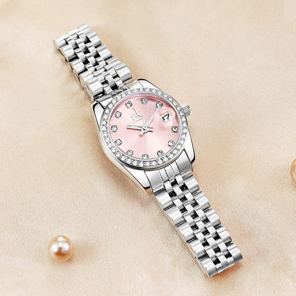 Women's Crystal Accented with Solid Alloy Steel Band Watch Elegant Dress Quartz Calendar Watches for Women