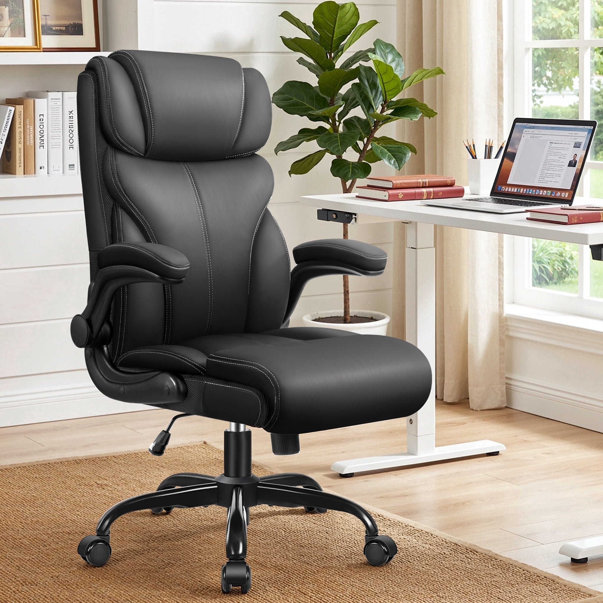 STACOO High Back Executive Office Chair 400lbs, Big and Tall Ergonomic Office Chair with Lumbar Support & Flip-up Armrests, PU Leather Chair with Adjustable Height – Black