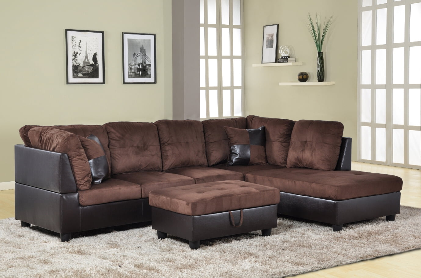 Chocolate/Tan Velvet/Microfiber Sectional Sofa w/ Reversible Chaise Living Room 